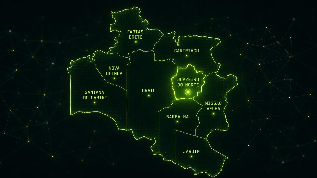 Mapa da região do Cariri (Ceará) com Juazeiro do Norte, Crato, Barbalha e cidades vizinhas — origem do Hack in Cariri.